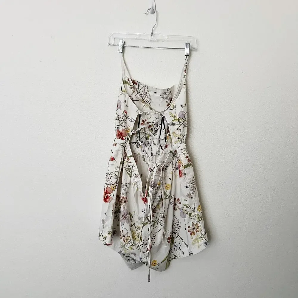 [H&M] Cream Linen Blend Cottagecore Wildflower Floral Print Strappy Romper Sz XL
